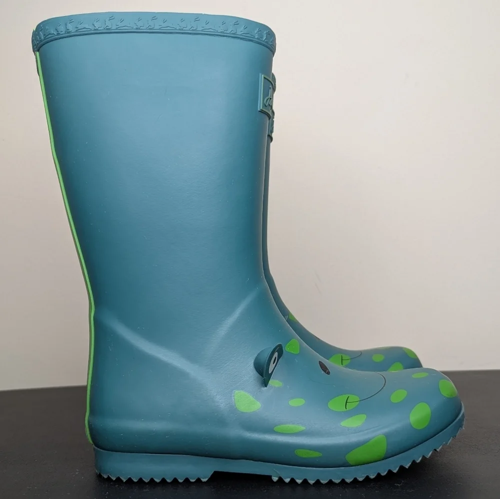 Joules Junior Roll Up Frog Print Wellington Boots Green Kids Size 2